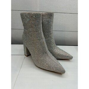 Women Rhinestone Block Chunky Heel Ankle Bootie Pointed Toe Sparkly Boots Sz 8.5